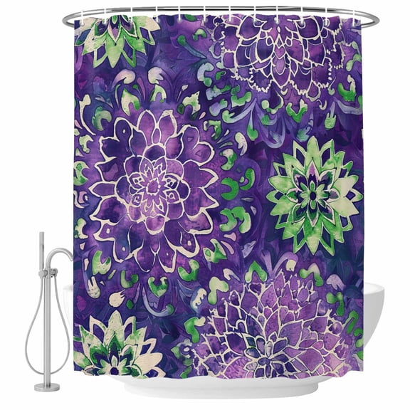 Shower Curtain Bathroom Set Watercolor Vintage Flowers Purple Green Gradient Waterproof Fabric Shower Curtains with Grommets&Hooks, Flower Art Privacy Bath Curtain for Bathtub 36x72in
