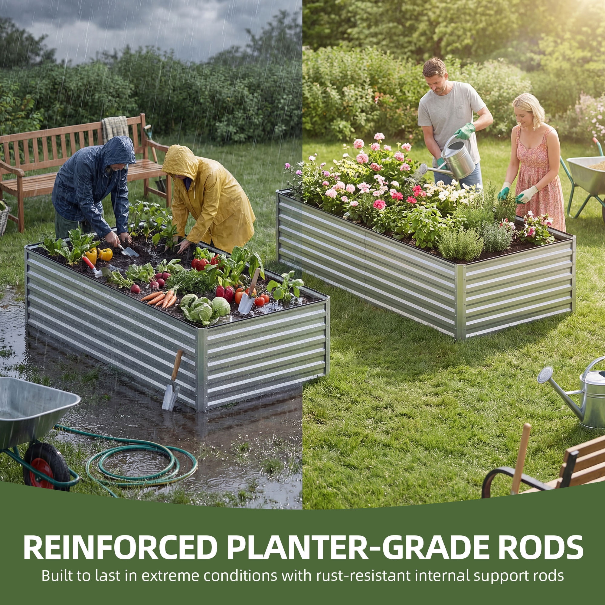 Uforic 8x4x2ft 2pcs Raised Garden Bed Kit, Galvanized Metal Planter with Gloves & Ground Nails, Silver