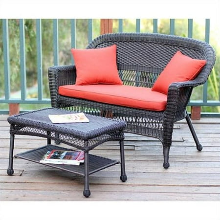 Jeco Wicker Patio Love Seat and Coffee Table Set in Espresso with Red Orange Cushion