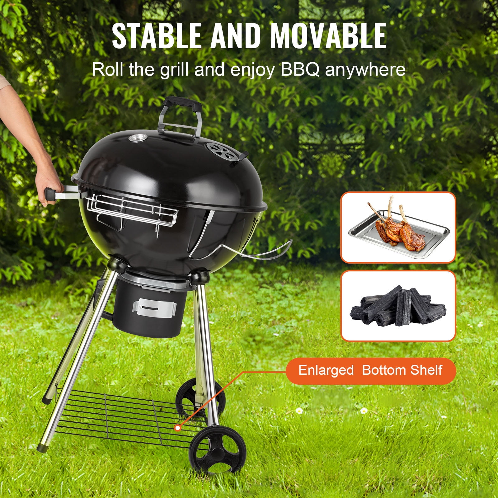 BENTISM Kettle Charcoal Grill 22‘’ BBQ Portable Grill Outdoor Barbecue  Cooking BBQ Grilling Smoker Backyard Garden Camping Picnic Barbecue