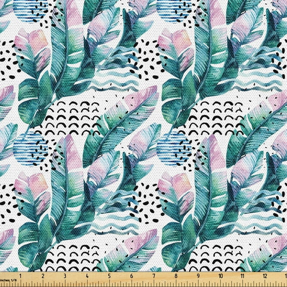 Ambesonne Leaf Print Fabric by the Yard Upholstery, Watercolor Boho Leaves, 2 Yards, Teal Lilac White