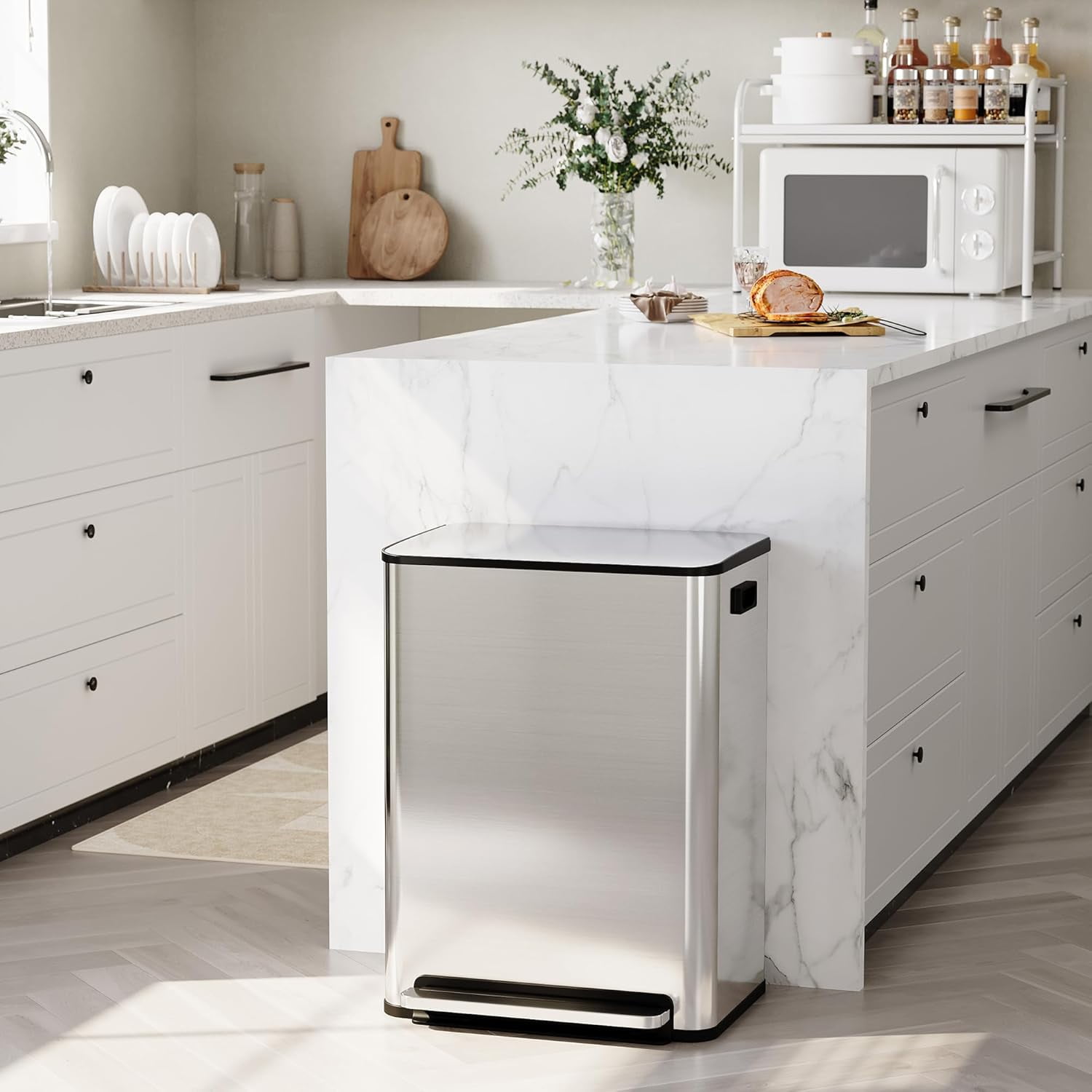 Garvee Stainless Steel 16 Gallon Trash Can, Pedal Dual Trash Bin, Silver