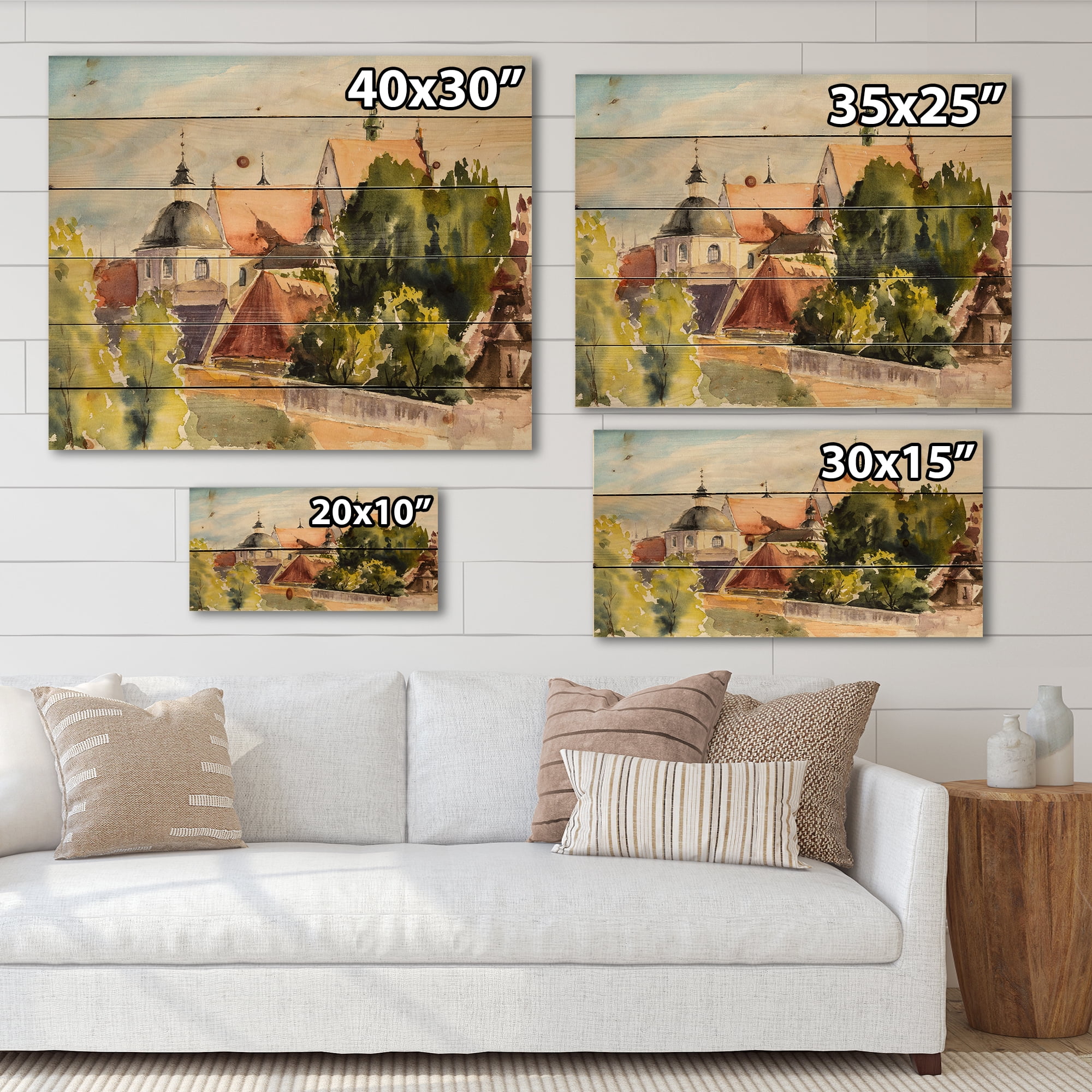 Designart 'View of Old Polish City Buildings In Nature' Traditional Print on Natural Pine Wood