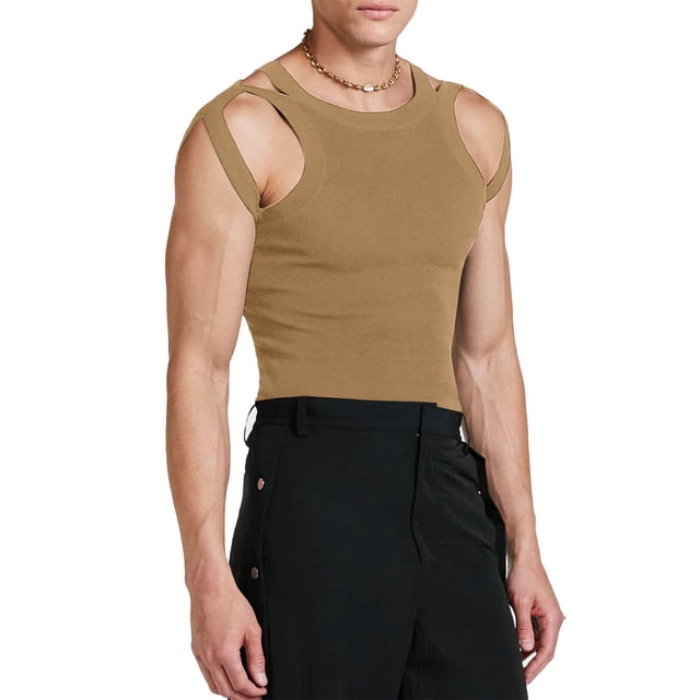 Camiseta sin mangas elástica para hombre, doble correa para el hombro, chaleco ajustado elástico hueco, Camiseta deportiva de Color sólido para hombre