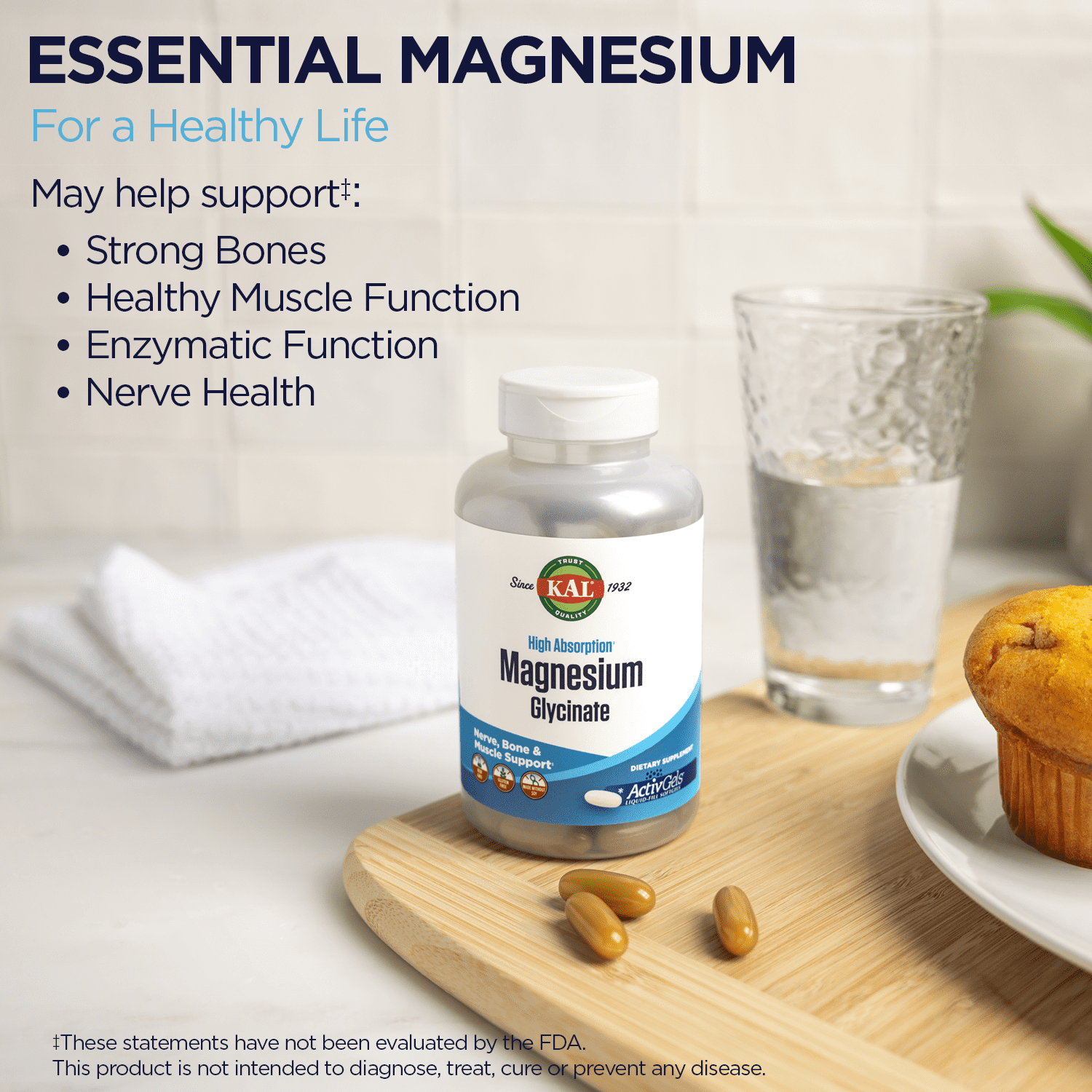 KAL Magnesium Glycinate ActivGels 315mg, Fully Chelated, High Absorption Magnesium Supplement for  Relaxation, Muscle & Bone Support, Non-GMO, Gluten Free, 60 Servings, 180 Softgels