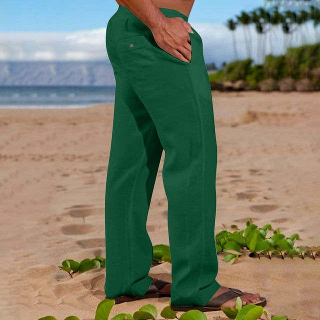 Pantalones de lino y algodón con cintura elástica para hombre, informales, lisos, con bolsillos
