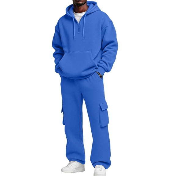 ASDFVBKG Men's 2 Piece Fleece Tracksuit, Full Zip Hoodie Jacket & Elastic Waist Jogger Pants Casual Athletic Outfit Set Blue 3XL