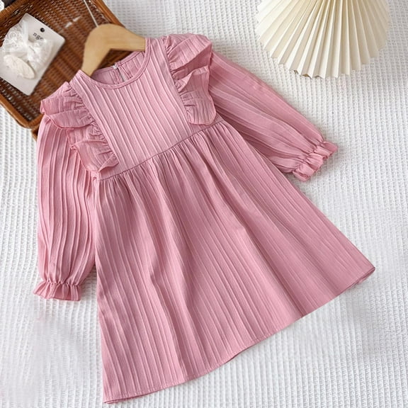 Toddler Girls Cotton Linen Dresses Long Sleeve 2-8 Years Kids Cute Ruffle A-Line Crewneck Solid Color Pullover Vintage Babydoll Dress