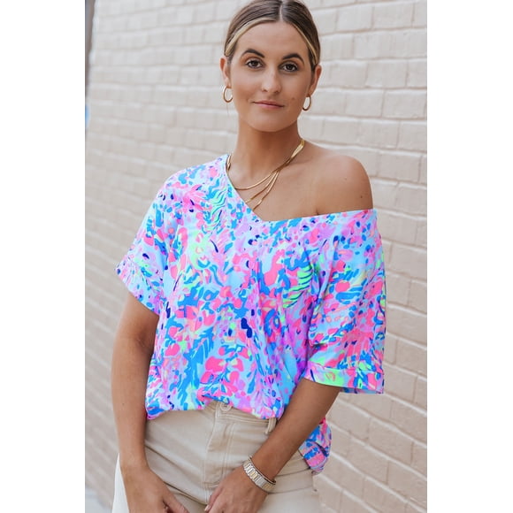 I AM A FASHION JUNKY Loose Painted Floral Tee (SkyBlue, M, 95%Polyester+5%Elastane)