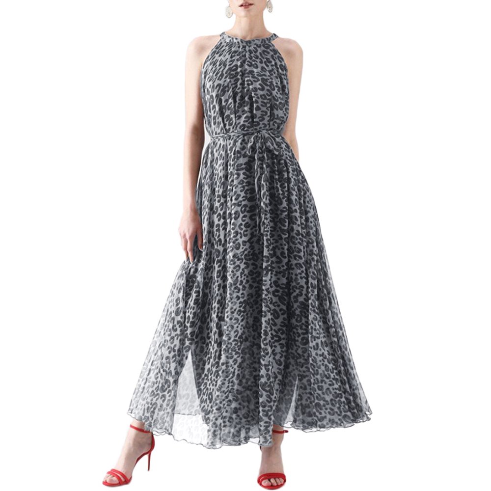 Vonda VONDA Women Sleeveless Leopard Sling Dress Round Neck Elastic