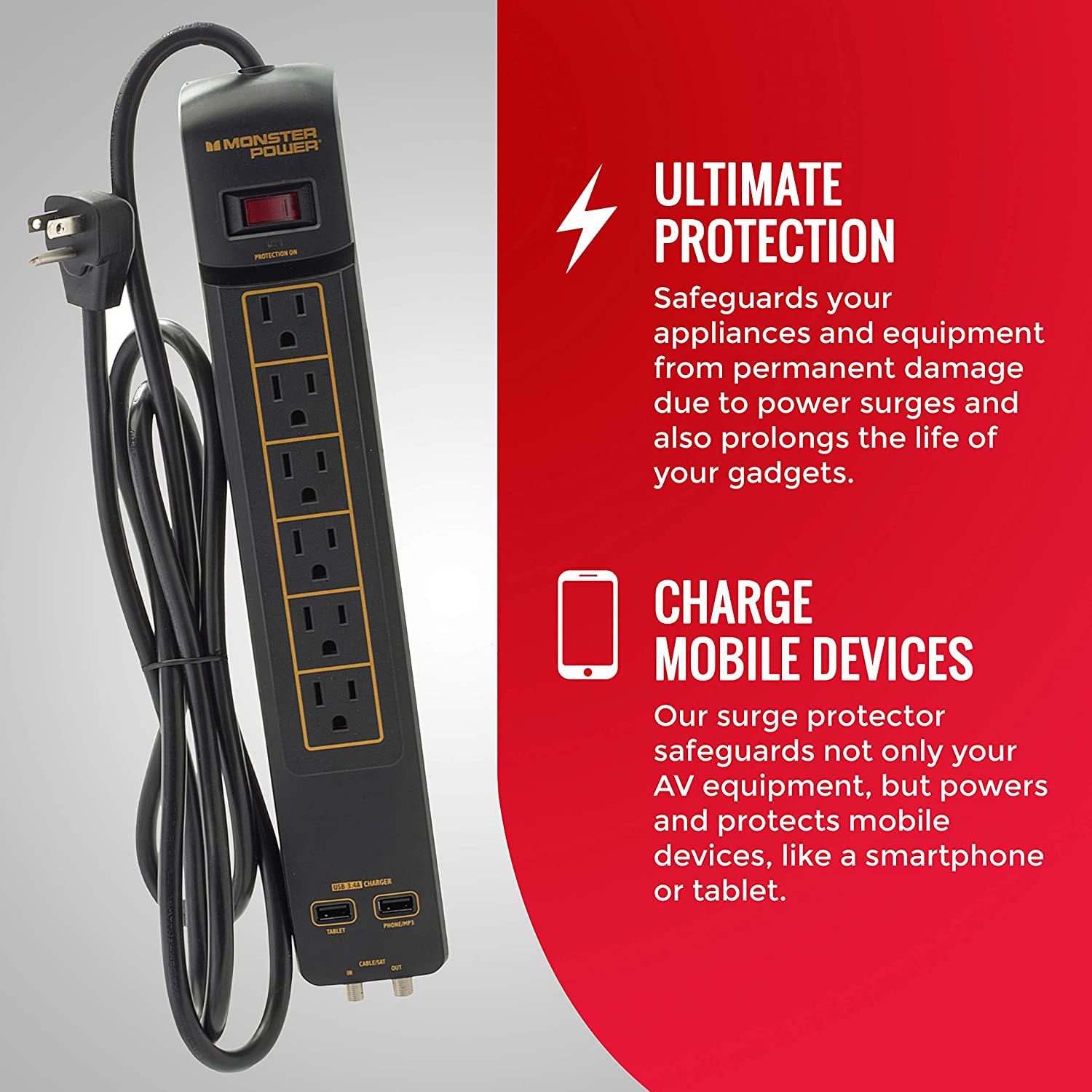 Buy Monster Power Surge Protector 6Outlet Power Strip, Gold 600 AVU