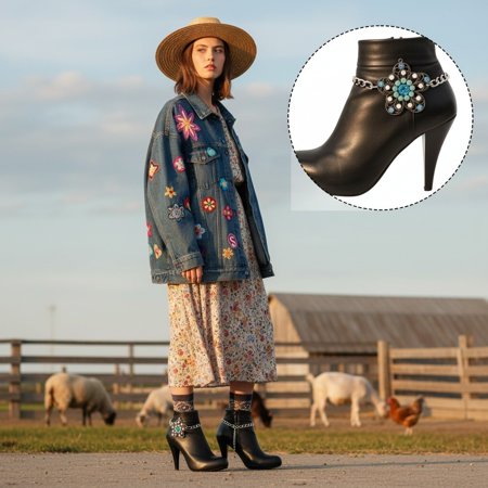 Women's Boot Chain Bracelets Set – 2PCS Silver Metal Shoe Anklet with Blue Rhinestone Flower Charm Punk, Biker, Boho – Handmade in USA BC11