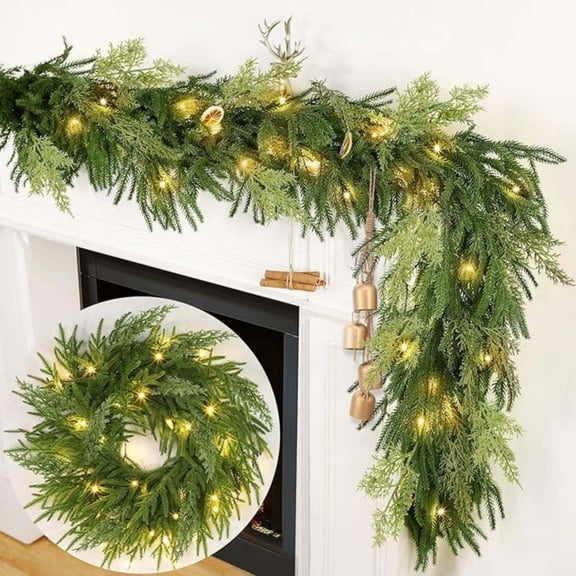 Bcylexb Christmas Norfolk Pine Garland with Lights, 4.9 Ft Pre-Lit Realistic Winter Greenery Garland for Table Mantle Fireplace Stairs Indoor Outdoor Xmas Decorations