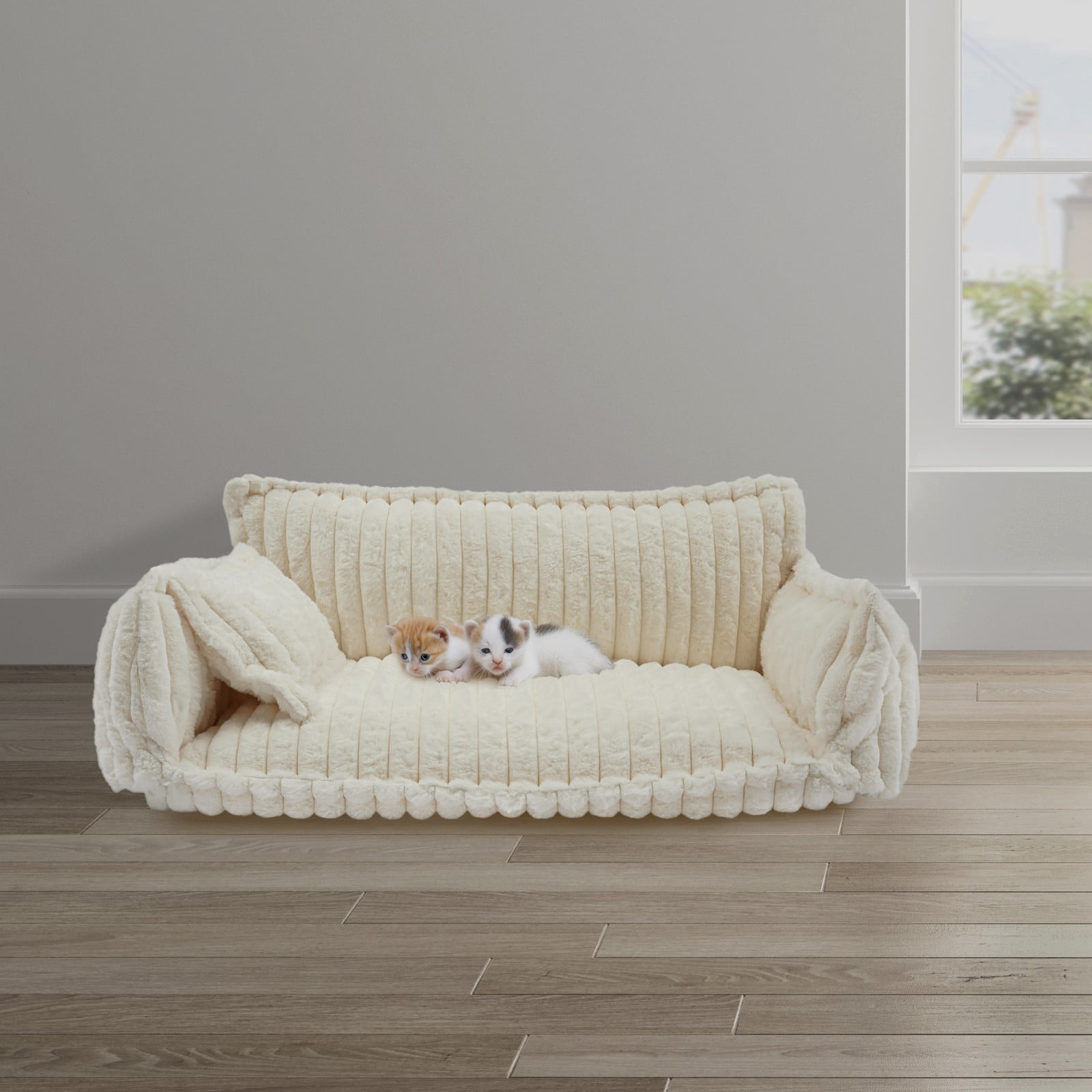 Dog Bed Sofa, XL Plush Pet Couch with Removable Washable Cover, Orthopedic Cushion & Pillow, Non-Slip Bottom for Large Dogs Cats, Modern Home Pet Furniture, White