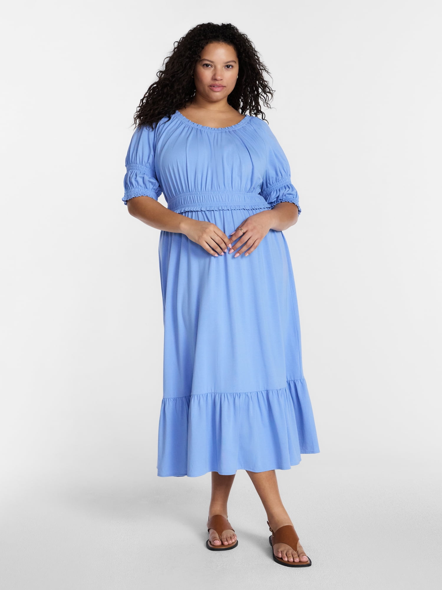 Terra & Sky Women’s Plus Scoop Neck Maxi Dress with Elbow Length Sleeves, Size 0X-5X