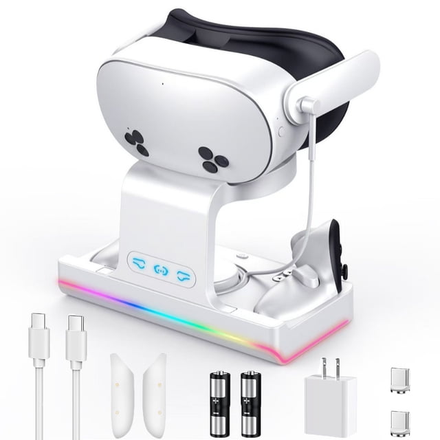 Base de carga para Meta Quest 3S/Quest 3, estación de carga rápida de 18 W con luz RGB, soporte de carga magnético para cascos y mandos de realidad virtual, incluye 2 baterías recargables
