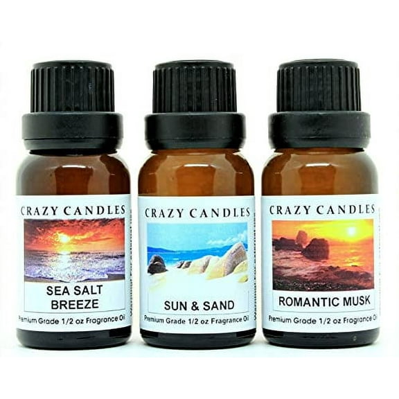 Crazy Candles 3 Bottles Set, 1 Sea Salt Breeze, 1 Sun & Sand, 1 Romantic Musk 1/2 Fl Oz Each (15ml) Premium Grade Scented Fragrance Oils