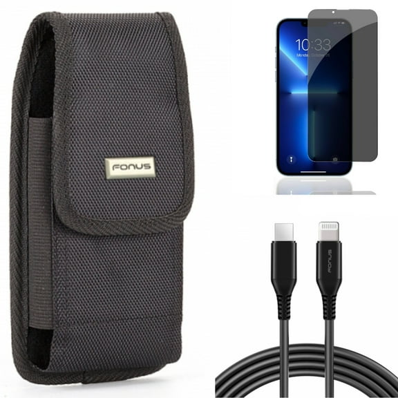 6ft PD Cable & Privacy Screen Protector & Case Belt Clip for iPhone 13,Pro ONLY - USB-C Fast Charger Long   Tempered Glass Curved Anti-Spy   Swivel Holster Rugged Combo