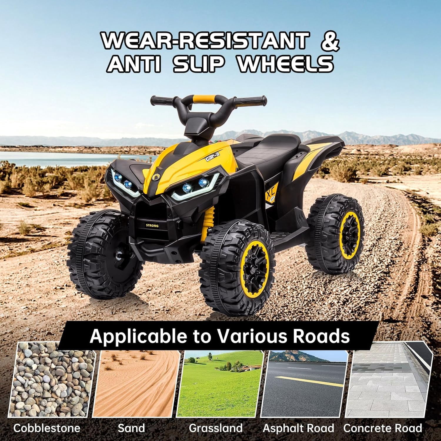 Riedhoff 12V Kids Ride-On ATV, Battery-Powered, LED Lights,High/Low Speed,USB,Treaded Tires,Yellow