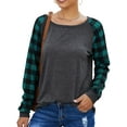 thumbnail image 3 of Women Round Neck Long Sleeve Splicing Plaid Top, 3 of 7