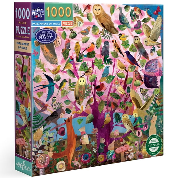 eeBoo Piece & Love: Parliament of Owls - 1000 Piece Puzzle - Adult Square Jigsaw, 23x23", Includes Image Reference Insert, Glossy High-Quality Pieces