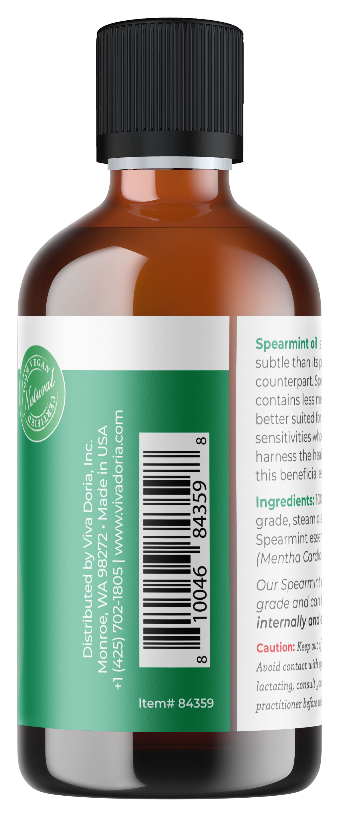 Viva Doria Spearmint Essential Oil, 118 ml (4 fl oz) – Food Grade, 100% Pure, Natural for Aromatherapy