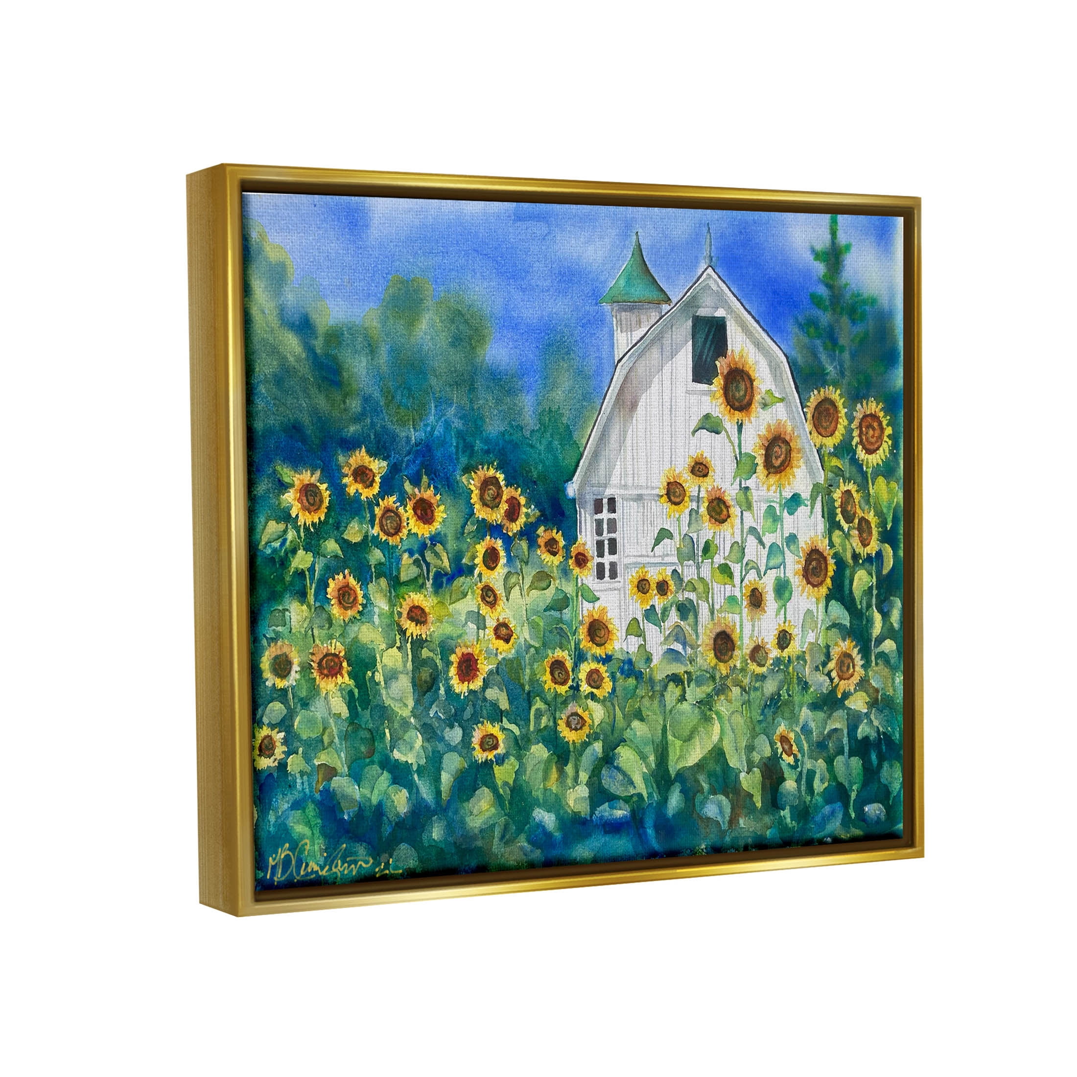 Tall Sunflowers Country Barn Landscape Painting Metallic Gold Framed Art Print Wall Art