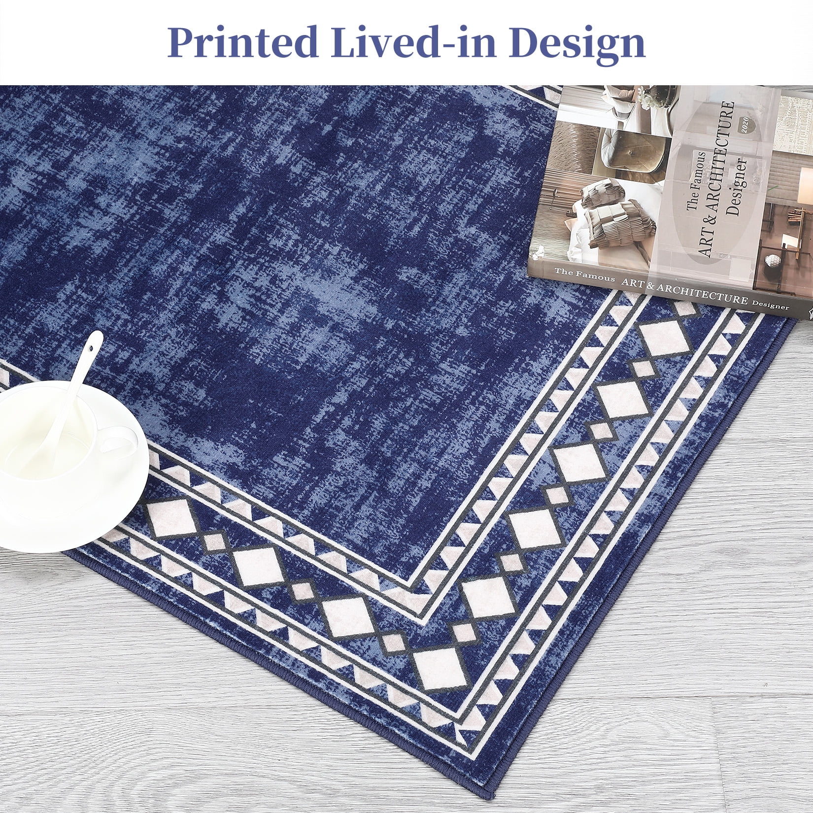 HOMERRY Runner 2' x 6' Rug Washable Modern Geometric Border Hallway Runner Indoor Carpet for Doorway, Navy