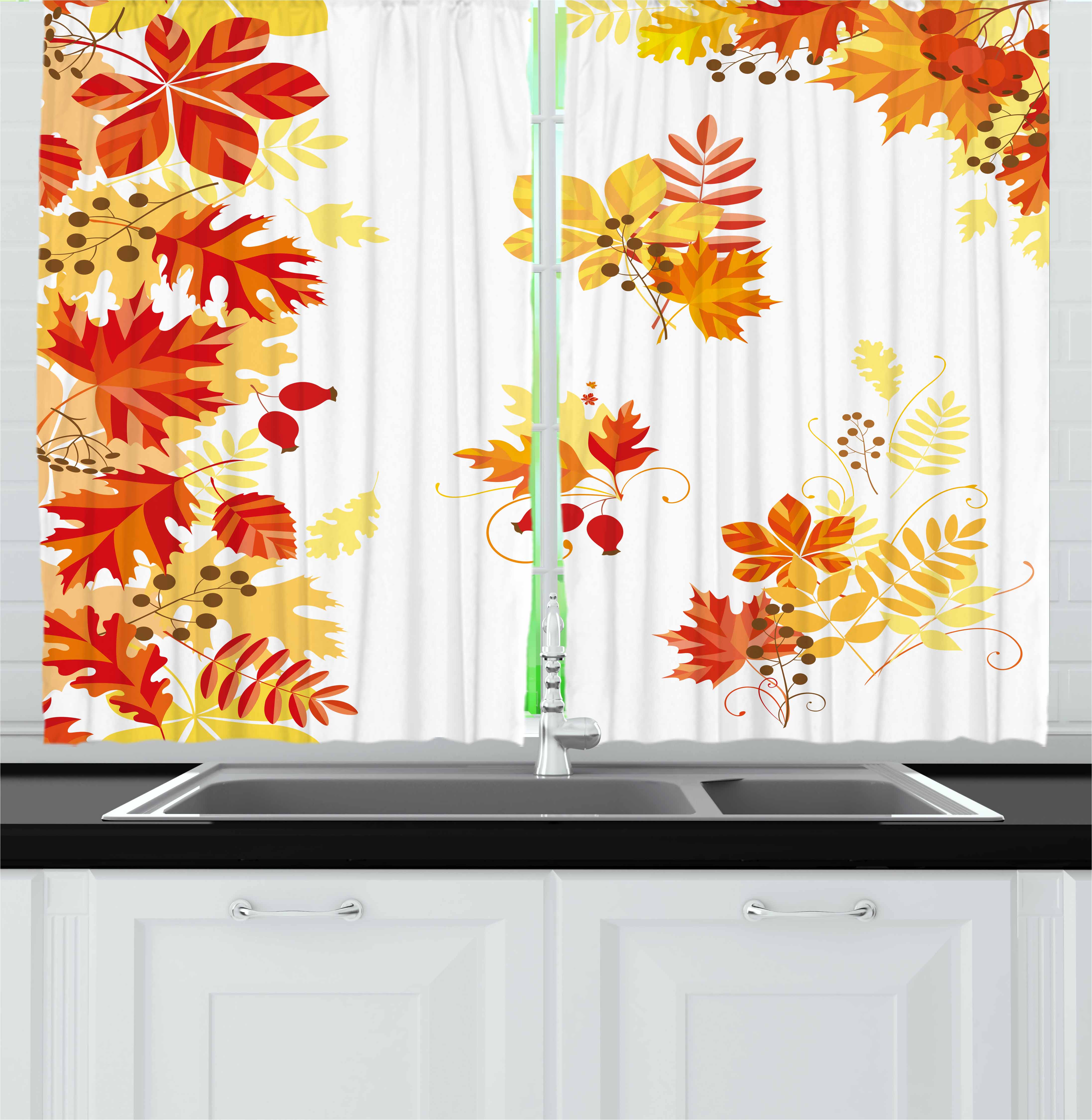 Fall Curtains 2 Panels Set, Autumn Themed Pattern Chestnut Oak Maple