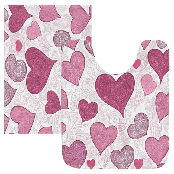 2 Piece Soft Bathroom Rug Set Pink and Maroon Hearts Bath Mat and U-Shaped Toilet Contour Rug (16"x24" 20"x24")