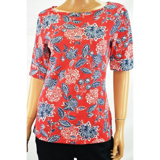 Karen Scott Karen Scott Women Elbow Sleeve Boat Neck Red Amore Floral