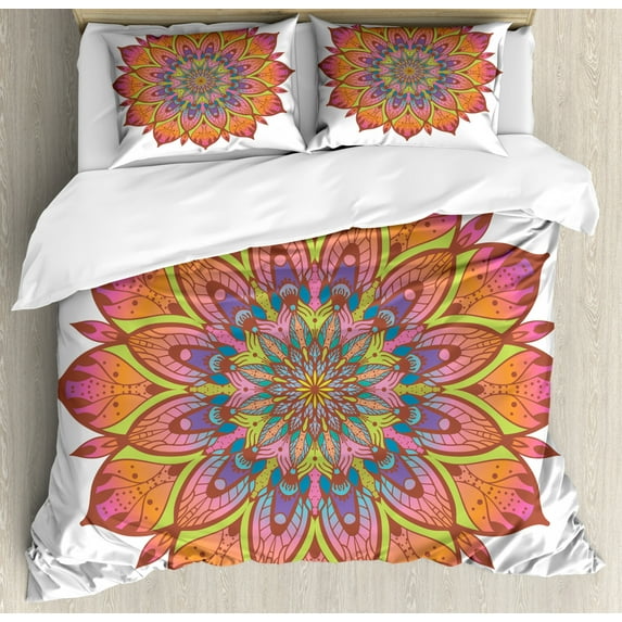 Mandala Duvet Cover Set Queen Size, Spring Concept Vintage Style Element Oriental Boho Pattern Flourishing Flowers, Decorative 3 Piece Bedding Set with 2 Pillow Shams, Multicolor, by Ambesonne