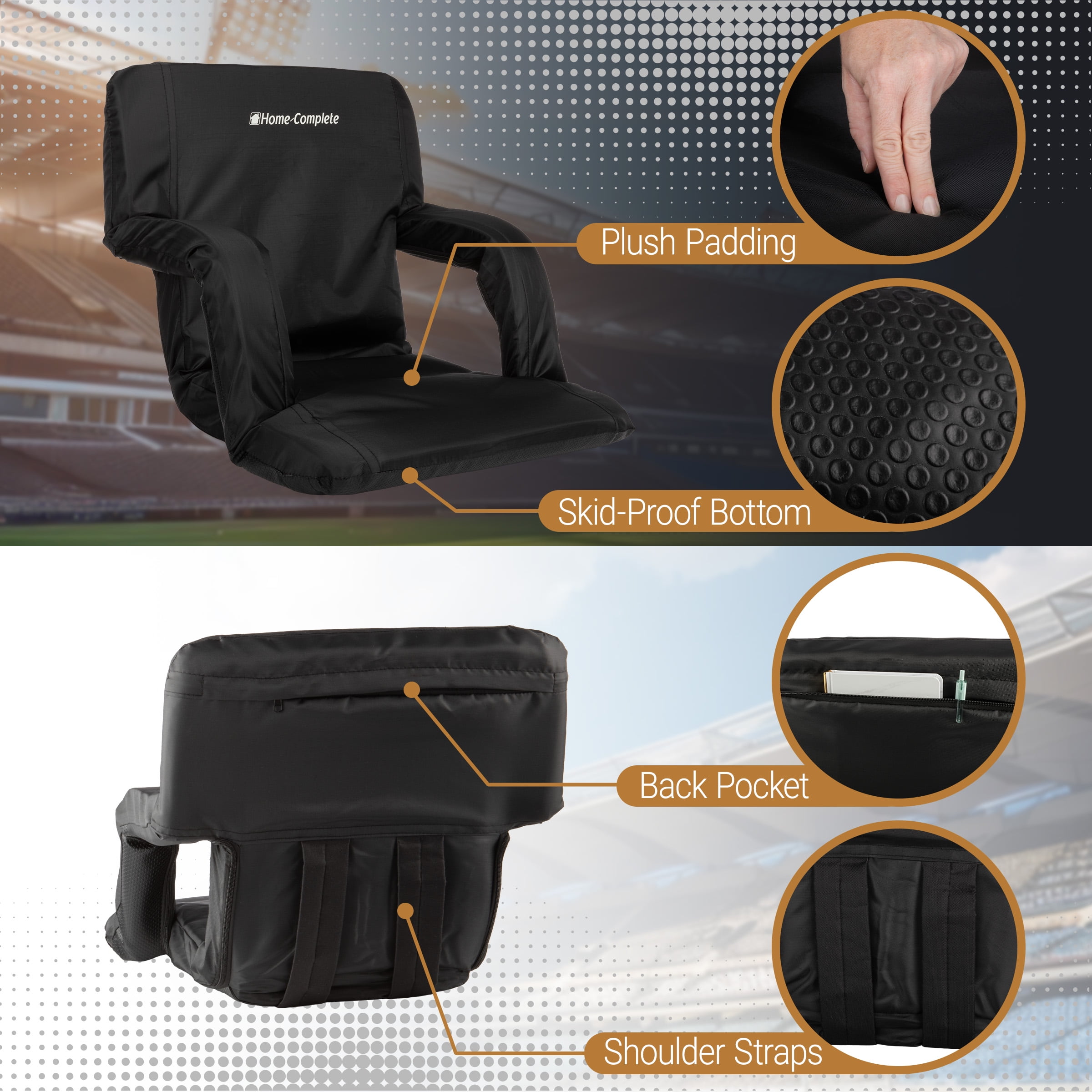 Home-Complete Reclining Bleacher Seat Cushion with Armrests (Black)