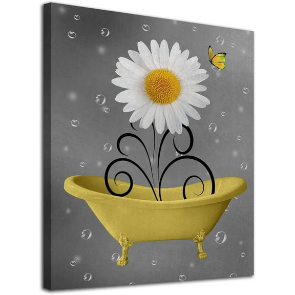Bathroom Wall Art Daisy Canvas Pictures Modern Flower Bathtub Artwork Rustic Wood Board Background Contemporary Wall Art Decor Bedroom Living Room Office Home Framed Ready to Hang Yellow 12" x 16"