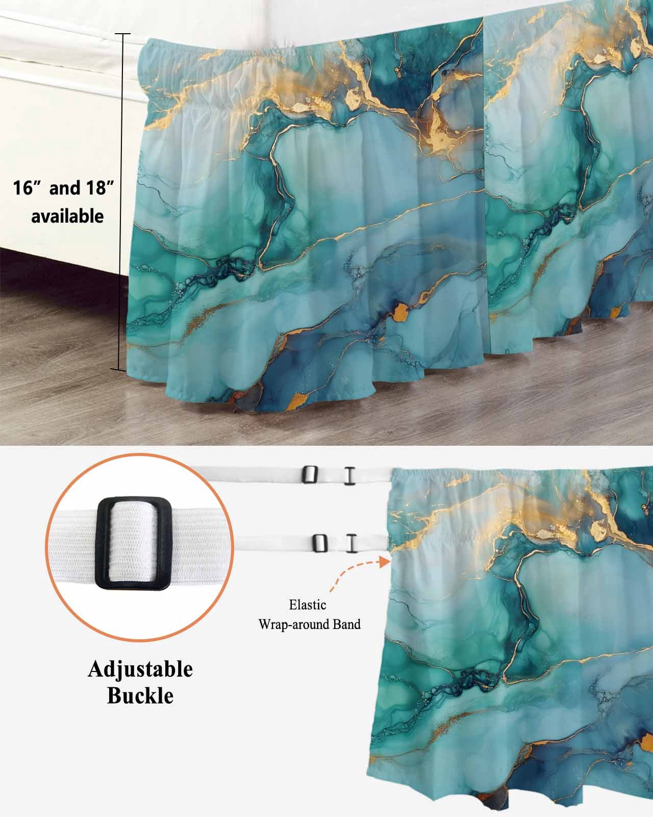 Marble Teal Wrap Around Bed Skirts for King Bed 16" Drop, Bed Skirt with Adjustable Elastic Belt Dust Ruffle Bed Valance for Bedroom Hotel Luxury Luxury Golden Modern Abstract Art Bed Frame Cover