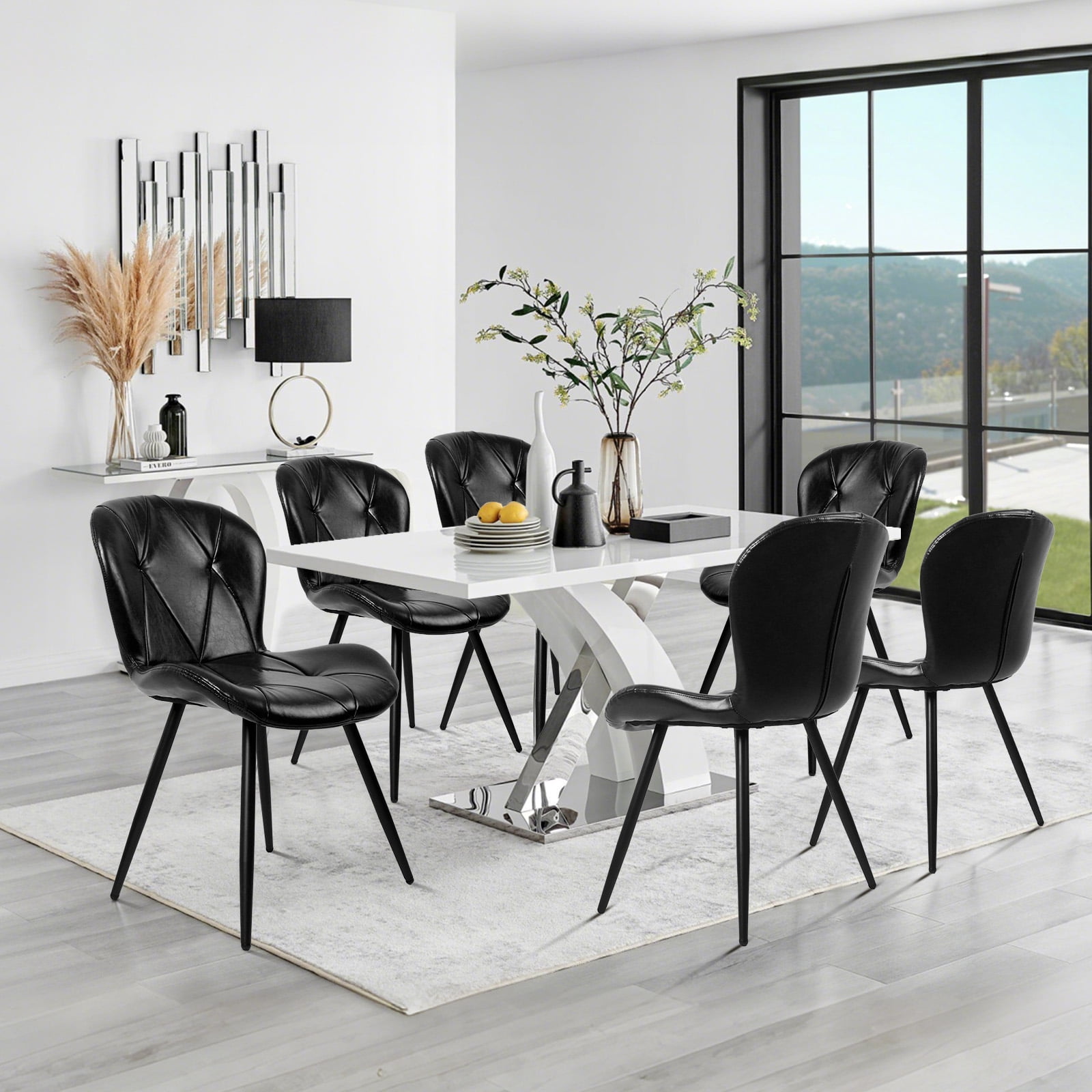 Set of 2 Black Faux Leather Dining Chairs, Ergonomic Backrest with Thick Foam Cushion, Metal Legs & FSC Frame, Scratch & Stain Resistant, 300 lbs Weight Capacity