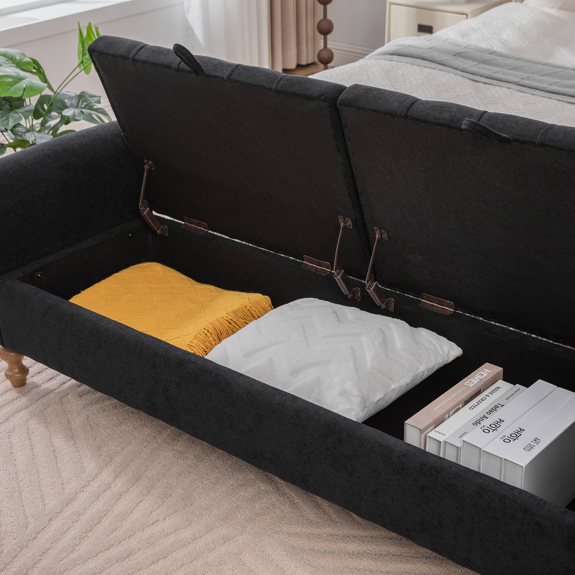 65.75" Wide Modern Upholstered Storage Bench With Double Lids