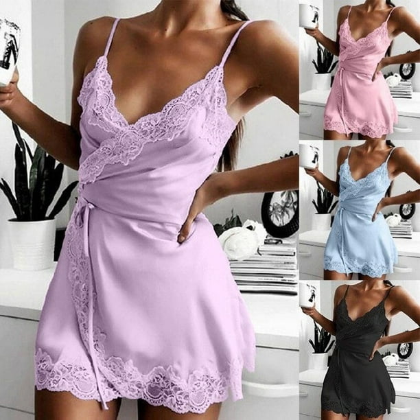 Video Disponible Nuisette Sexy Bleu Clair pour Femmes Nuisette en Satin Extensible sous Vetements Sexy Pyjamas pour la Maison Walmart