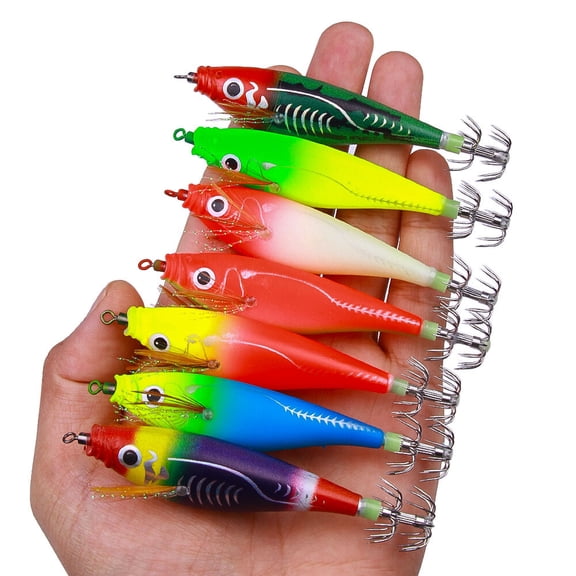 7PCS Glow Squid Jig Shrimp Lures Fishing Bait Hook Octopus 9.5cm/10g Saltwater