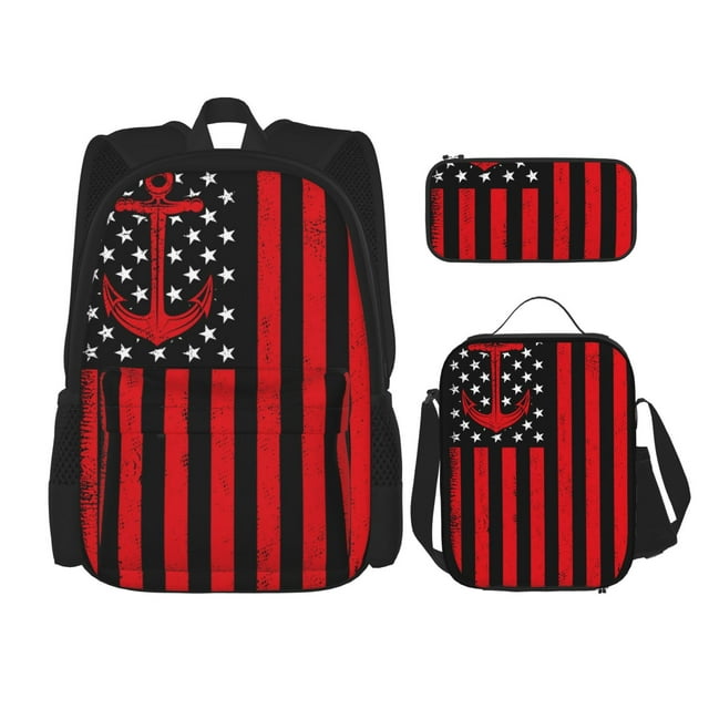 Honeii Nautical American Flag Print School Backpack Bookbag Set-with Lunch Bag & Pencil Case Elementary School Bag Primary School Backpack With Lunch Bag