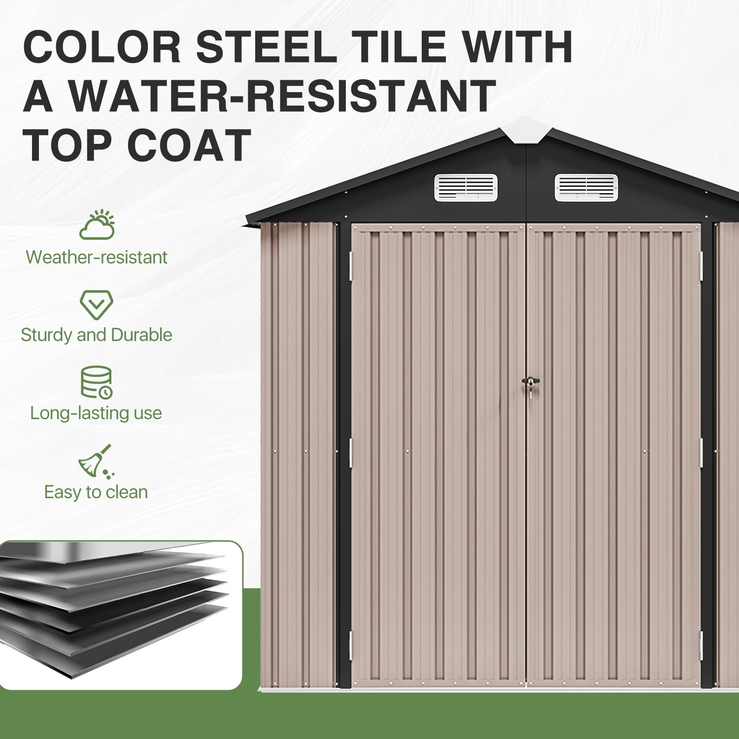 JolyDal 6 x 4 Ft Outdoor Storage Shed with Plastic Floor, Metal Tool Shed with Door and Lock, Brown