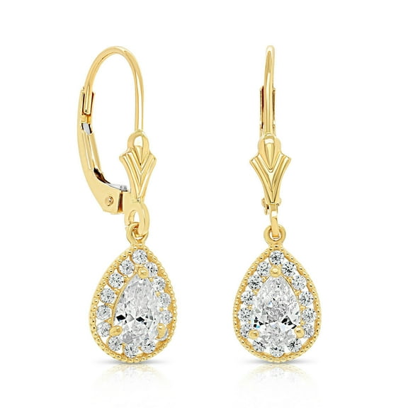 Tilo Jewelry 14K Yellow Gold Pear-Cut Teardrop Halo Drop Earrings with Cubic Zirconia CZ Stones | Secure Leaver-Backs | Fancy Earrings for Women