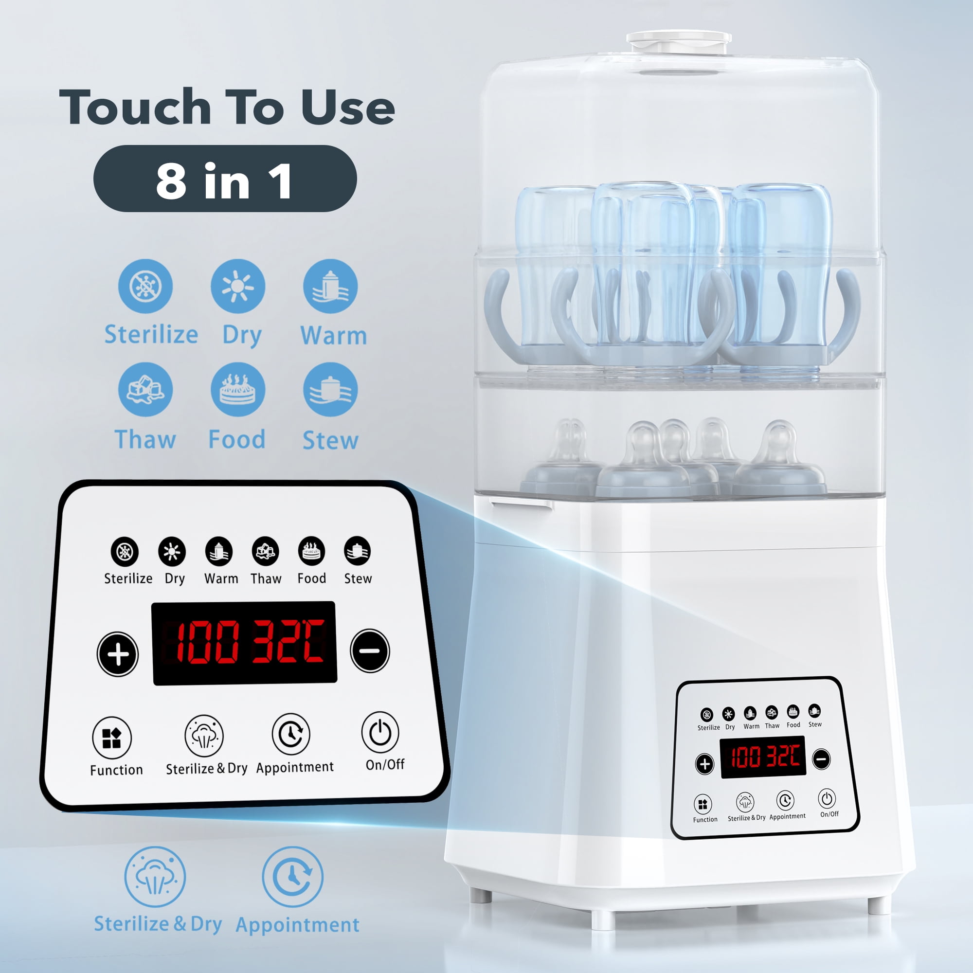 RUPOUN 8-in-1 Bottle Sterilizer and Dryer, Electric Steam with Baby Bottle Warmer, Food Prep, White