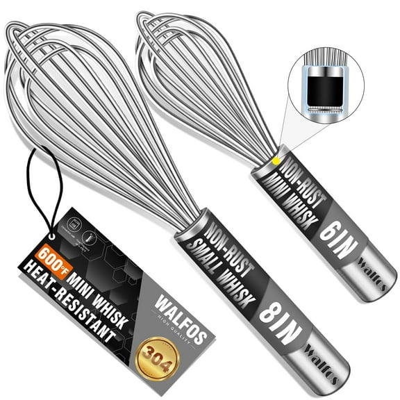 Walfos Mini Whisk,6 8" Non-Rust Small Whisk,304 Stainless steel Whisk Heat Resistant 600°F,Nice for mixing salad dressings or beating an egg.Tiny whisk size great for narrow and shallow vessels.Silve