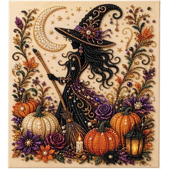Halloween Ghost Pearl Art DIY Kit, 3D Faux Bead Embroidery Craft Set, Spooky Pumpkin Black Cat Canvas Wall Decor,Autumn Fall Hobby Gift for Adults Beginners (Type-F)