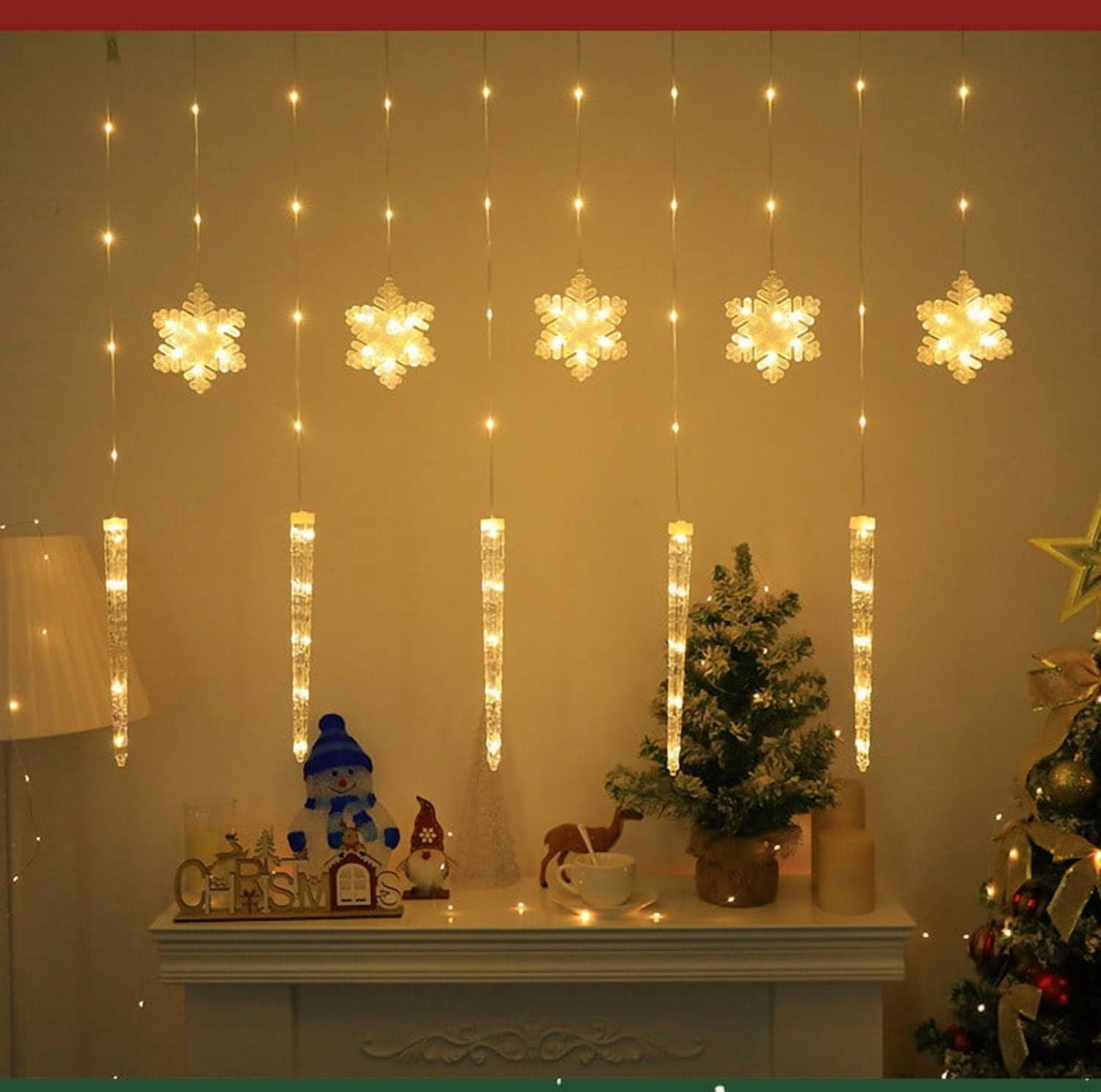 REZUOFI 1 Pcs Christmas Curtain Lights Outdoor Waterproof LED Icicle Snowflake String with Remote Control, 8 Modes, Warm White & Multicolor for Holiday Decor
