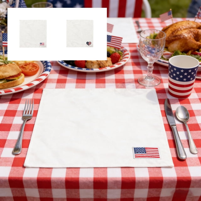 YYV Embroidered Patriotic Napkins Tablecloth And Placemat Set Linen-Style Star And Heart Motif Machine Washable Dining Table Linens For Restaurants Events And Independence Day Entertaining