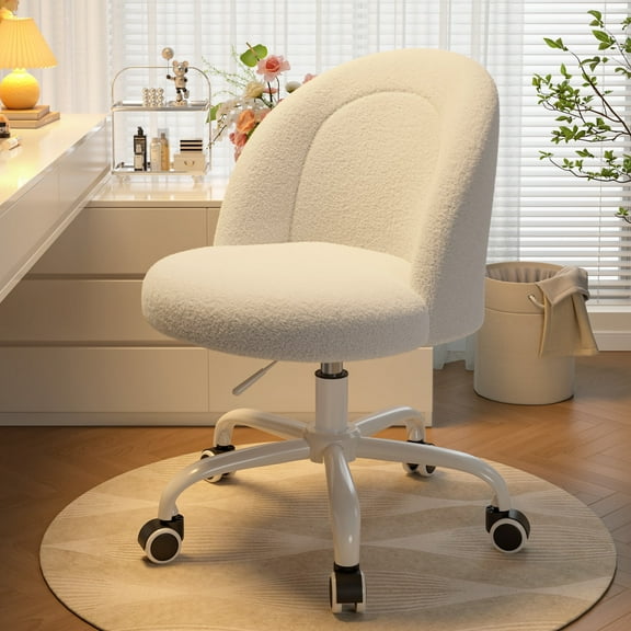 Romorgniz Vanity Chair Height Adjustable Desk Chair with Wheels, Armless Office Chair with Soft Lumbar Support for Small Space, Bedroom, Home office, White