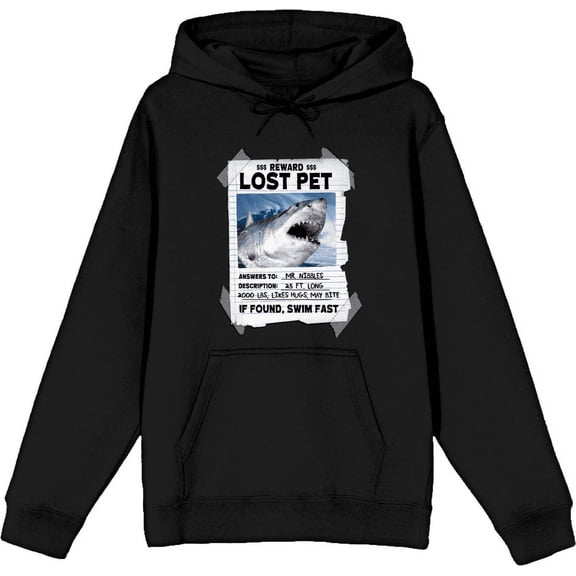 Lost Pet Note Shark Adult Black Long Sleeve Hoodie-Medium