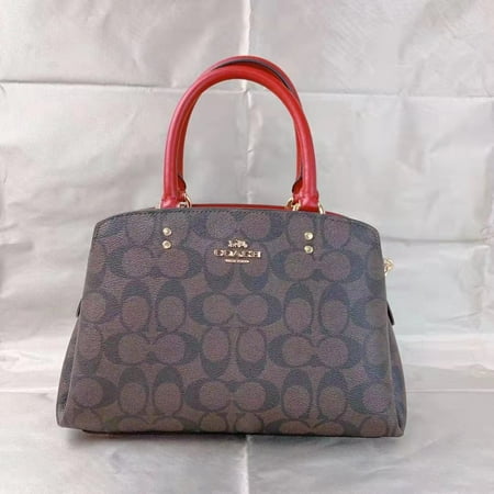 Coach Women's Mini Lillie Carryall Satchel Handbag In Signature Canvas (Brown / Red)